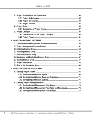 II ©2013 Project Management Institute. A Guide to the Project Management Body of Knowledge (PMBOK®
Guide) – Fifth Edition
TABLE OF CONTENTS
2.2 Project Stakeholders and Governance .................................................................... 30
2.2.1 Project Stakeholders.................................................................................... 30
2.2.2 Project Governance...................................................................................... 34
2.2.3 Project Success............................................................................................ 35
2.3 Project Team............................................................................................................. 35
2.3.1 Composition of Project Teams..................................................................... 37
2.4 Project Life Cycle...................................................................................................... 38
2.4.1 Characteristics of the Project Life Cycle..................................................... 38
2.4.2 Project Phases.............................................................................................. 41
3. PROJECT MANAGEMENT PROCESSES ............................................................................... 47
3.1 Common Project Management Process Interactions.............................................. 50
3.2 Project Management Process Groups ..................................................................... 52
3.3 Initiating Process Group........................................................................................... 54
3.4 Planning Process Group........................................................................................... 55
3.5 Executing Process Group ......................................................................................... 56
3.6 Monitoring and Controlling Process Group ............................................................. 57
3.7 Closing Process Group ............................................................................................. 57
3.8 Project Information................................................................................................... 58
3.9 Role of the Knowledge Areas................................................................................... 60
4. PROJECT INTEGRATION MANAGEMENT............................................................................. 63
4.1 Develop Project Charter ........................................................................................... 66
4.1.1 Develop Project Charter: Inputs................................................................... 68
4.1.2 Develop Project Charter: Tools and Techniques.......................................... 71
4.1.3 Develop Project Charter: Outputs ................................................................ 71
4.2 Develop Project Management Plan.......................................................................... 72
4.2.1 Develop Project Management Plan: Inputs................................................. 74
4.2.2 Develop Project Management Plan: Tools and Techniques........................ 76
4.2.3 Develop Project Management Plan: Outputs............................................... 76
 