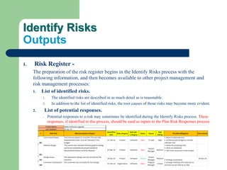 Identify Risks
Outputs
1. Risk Register -
The preparation of the risk register begins in the Identify Risks process with the
following information, and then becomes available to other project management and
risk management processes:
1. List of identified risks.
1. The identified risks are described in as much detail as is reasonable.
2. In addition to the list of identified risks, the root causes of those risks may become more evident.
2. List of potential responses.
- Potential responses to a risk may sometimes be identified during the Identify Risks process. These
responses, if identified in this process, should be used as inputs to the Plan Risk Responses process.
 