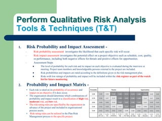 Perform Qualitative Risk Analysis
Tools & Techniques (T&T)
1. Risk Probability and Impact Assessment -
– Risk probability assessment investigates the likelihood that each specific risk will occur.
– Risk impact assessment investigates the potential effect on a project objective such as schedule, cost, quality,
or performance, including both negative effects for threats and positive effects for opportunities.
– Assessment Steps
 The level of probability for each risk and its impact on each objective is evaluated during the interview or
meeting. Project team members and knowledgeable persons external to the project are included.
 Risk probabilities and impacts are rated according to the definitions given in the risk management plan.
 Risks with low ratings of probability and impact will be included within the risk register as part of the watch
list for future monitoring.
2. Probability and Impact Matrix -
• Each risk is rated on its probability of occurrence and
impact on an objective if it does occur.
• The organization should determine which combinations of
probability and impact result in a classification of high risk,
moderate risk, and low risk.
• The risk-rating rules are specified by the organization in
advance of the project and included in organizational
process assets.
• Risk rating rules can be tailored in the Plan Risk
Management process to the specific project.
 