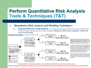 2. Quantitative Risk Analysis and Modeling Techniques -
II. Expected Monetary Value analysis - is a statistical concept that calculates the average outcome when
the future includes scenarios that may or may not happen. It Requires a Risk-Neutral Assumption - neither risk
averse nor risk seeking.
Decision Tree Analysis. A common use type of EMV.
The Opportunities are expressed as positive values, while those of Threats are expressed as negative values.
EMV for a project is calculated by multiplying the value of each possible outcome by its probability of occurrence and adding the products together.
Perform Quantitative Risk Analysis
Tools & Techniques (T&T)
 