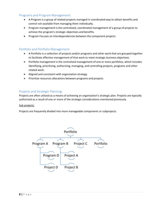 8 | P a g e
Programs and Program Management:
 A Program is a group of related projects managed in coordinated way to obtain benefits and
control not available from managing them individually.
 Program management is the centralized, coordinated management of a group of projects to
achieve the program's strategic objectives and benefits.
 Program Focuses on interdependencies between the component projects
Portfolio and Portfolio Management:
 A Portfolio is a collection of projects and/or programs and other work that are grouped together
to facilitate effective management of that work to meet strategic business objectives.
 Portfolio management is the centralized management of one or more portfolios, which includes
identifying, prioritizing, authorizing, managing, and controlling projects, programs and other
related work.
 Aligned and consistent with organization strategy
 Prioritize resources allocations between programs and projects
Projects and Strategic Planning:
Projects are often utilized as a means of achieving an organization’s strategic plan. Projects are typically
authorized as a result of one or more of the strategic considerations mentioned previously.
Sub projects:
Projects are frequently divided into more manageable components or subprojects.
Portfolio
Program A
Program D
Project D
Program B
Project A
Project B
Project C Portfolio
 