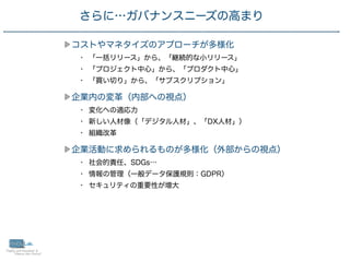 7
コストやマネタイズのアプローチが多様化
• 「一括リリース」から、「継続的な小リリース」
• 「プロジェクト中心」から、「プロダクト中心」
• 「買い切り」から、「サブスクリプション」
企業内の変革（内部への視点）
• 変化への適応力
• 新しい人材像（「デジタル人材」、「DX人材」）
• 組織改革
企業活動に求められるものが多様化（外部からの視点）
• 社会的責任、SDGs…
• 情報の管理（一般データ保護規則：GDPR）
• セキュリティの重要性が増大
さらに…ガバナンスニーズの高まり
 