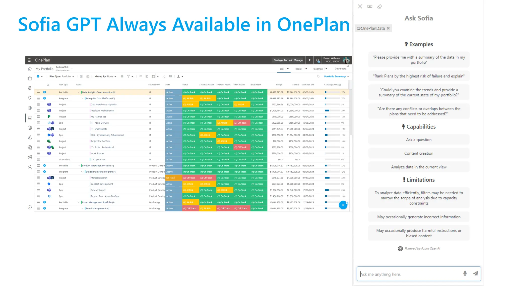 Sofia GPT Always Available in OnePlan
 