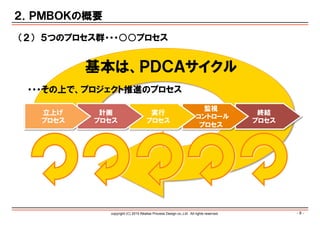 - 8 -copyright (C) 2015 Réalise Process Design co.,Ltd . All rights reserved.
２．ＰＭＢＯＫの概要
（２） ５つのプロセス群・・・○○プロセス
終結
プロセス
監視
・コントロール
プロセス
実行
プロセス
計画
プロセス
立上げ
プロセス
基本は、ＰＤＣＡサイクル
・・・その上で、プロジェクト推進のプロセス
 