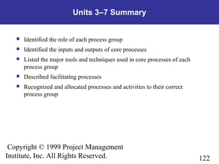 122
Copyright © 1999 Project Management
Institute, Inc. All Rights Reserved.
Units 3–7 Summary
 Identified the role of each process group
 Identified the inputs and outputs of core processes
 Listed the major tools and techniques used in core processes of each
process group
 Described facilitating processes
 Recognized and allocated processes and activities to their correct
process group
 