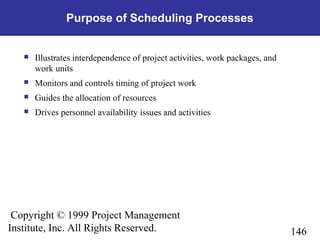 146
Copyright © 1999 Project Management
Institute, Inc. All Rights Reserved.
Purpose of Scheduling Processes
 Illustrates interdependence of project activities, work packages, and
work units
 Monitors and controls timing of project work
 Guides the allocation of resources
 Drives personnel availability issues and activities
 