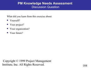 184
Copyright © 1999 Project Management
Institute, Inc. All Rights Reserved.
PM Knowledge Needs Assessment
Discussion Question
What did you learn from this exercise about:
 Yourself?
 Your project?
 Your organization?
 Your future?
 