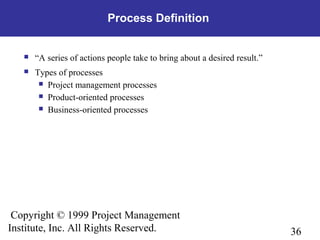 36
Copyright © 1999 Project Management
Institute, Inc. All Rights Reserved.
Process Definition
 “A series of actions people take to bring about a desired result.”
 Types of processes
 Project management processes
 Product-oriented processes
 Business-oriented processes
 