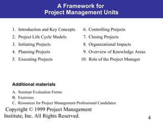 4
Copyright © 1999 Project Management
Institute, Inc. All Rights Reserved.
Additional materials
A. Seminar Evaluation Forms
B. Exercises
C. Resources for Project Management Professional Candidates
A Framework for
Project Management Units
1. Introduction and Key Concepts 6. Controlling Projects
2. Project Life Cycle Models 7. Closing Projects
3. Initiating Projects 8. Organizational Impacts
4. Planning Projects 9. Overview of Knowledge Areas
5. Executing Projects 10. Role of the Project Manager
 