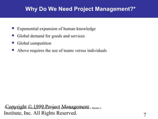 7
Copyright © 1999 Project Management
Institute, Inc. All Rights Reserved.
* Project Management—A Managerial Approach, 1995, by Jack R. Meredith and Samuel J. Mantel Jr.
Why Do We Need Project Management?*
 Exponential expansion of human knowledge
 Global demand for goods and services
 Global competition
 Above requires the use of teams versus individuals
 
