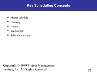 85
Copyright © 1999 Project Management
Institute, Inc. All Rights Reserved.
Key Scheduling Concepts
 Master schedule
 Crashing
 Hanger
 Workaround
 Schedule variance
 