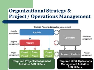 Required BPM, Operations Management Activities & Skill Sets. 
Required Project Management Activities & Skill Sets 
Organizational Strategy & Project / Operations Management  