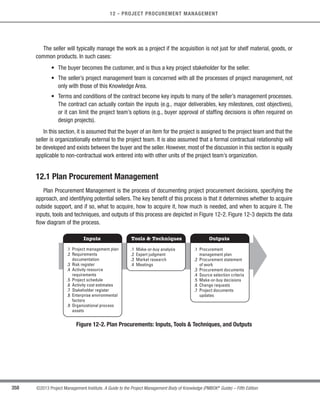 358 ©2013 Project Management Institute. A Guide to the Project Management Body of Knowledge (PMBOK®
Guide) – Fifth Edition
12 - PROJECT PROCUREMENT MANAGEMENT
The seller will typically manage the work as a project if the acquisition is not just for shelf material, goods, or
common products. In such cases:
• The buyer becomes the customer, and is thus a key project stakeholder for the seller.
• 
The seller’s project management team is concerned with all the processes of project management, not
only with those of this Knowledge Area.
• 
Terms and conditions of the contract become key inputs to many of the seller’s management processes.
The contract can actually contain the inputs (e.g., major deliverables, key milestones, cost objectives),
or it can limit the project team’s options (e.g., buyer approval of staffing decisions is often required on
design projects).
In this section, it is assumed that the buyer of an item for the project is assigned to the project team and that the
seller is organizationally external to the project team. It is also assumed that a formal contractual relationship will
be developed and exists between the buyer and the seller. However, most of the discussion in this section is equally
applicable to non-contractual work entered into with other units of the project team’s organization.
12.1 Plan Procurement Management
Plan Procurement Management is the process of documenting project procurement decisions, specifying the
approach, and identifying potential sellers. The key benefit of this process is that it determines whether to acquire
outside support, and if so, what to acquire, how to acquire it, how much is needed, and when to acquire it. The
inputs, tools and techniques, and outputs of this process are depicted in Figure 12-2. Figure 12-3 depicts the data
flow diagram of the process.
Inputs Tools  Techniques Outputs
.1 Project management plan
.2 Requirements
documentation
.3 Risk register
.4 Activity resource
requirements
.5 Project schedule
.6 Activity cost estimates
.7 Stakeholder register
.8 Enterprise environmental
factors
.9 Organizational process
assets
.1 Make-or-buy analysis
.2 Expert judgment
.3 Market research
.4 Meetings
.1 Procurement
management plan
.2 Procurement statement
of work
.3 Procurement documents
.4 Source selection criteria
.5 Make-or-buy decisions
.6 Change requests
.7 Project documents
updates
Figure 12-2. Plan Procurements: Inputs, Tools  Techniques, and Outputs
Licensed To: Jorge Diego Fuentes Sanchez PMI MemberID: 2399412
This copy is a PMI Member benefit, not for distribution, sale, or reproduction.
 