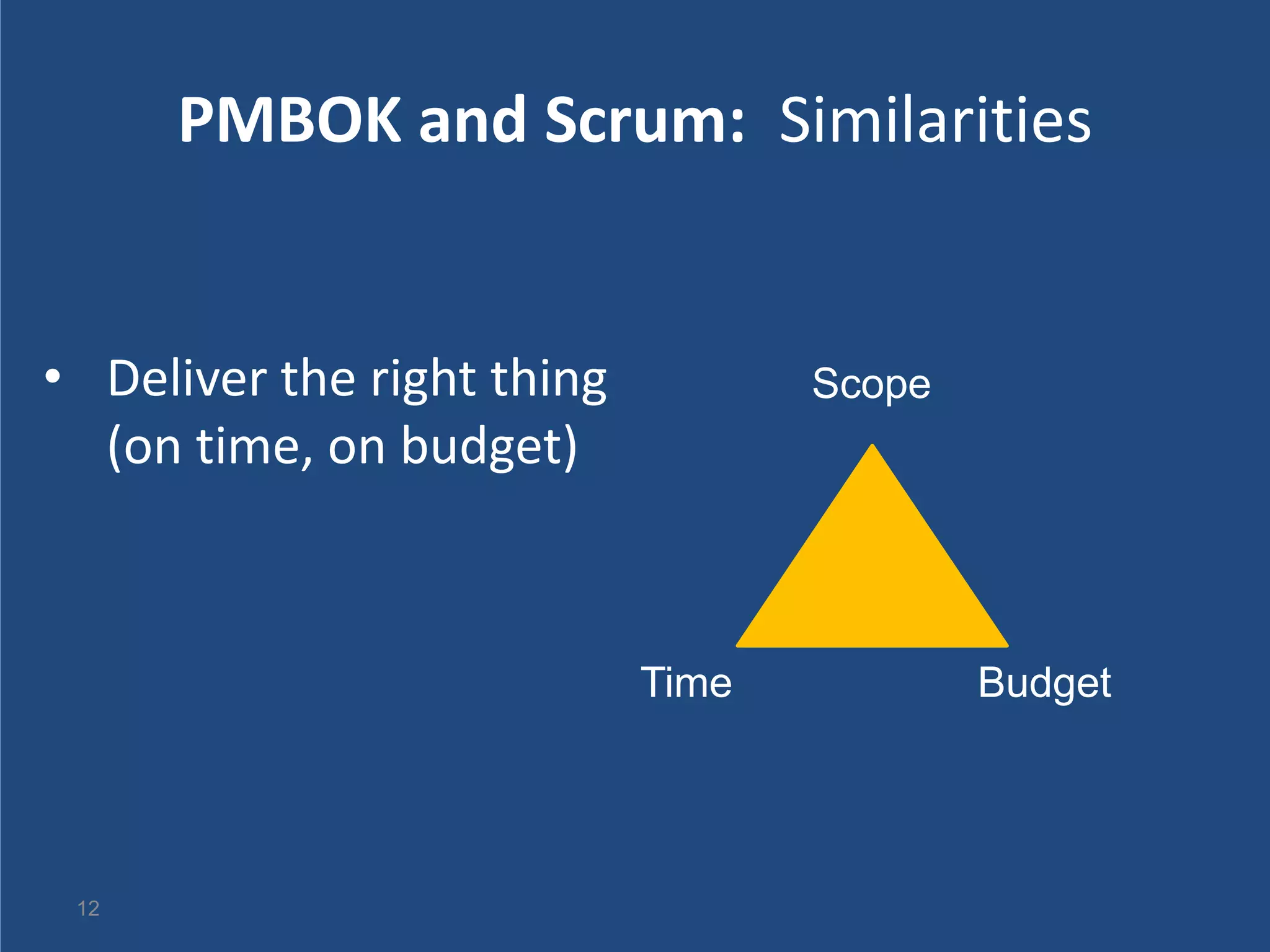 PMBOK and Scrum: Similarities


• Deliver the right thing          Scope
  (on time, on budget)



                            Time           Budget




 12
 