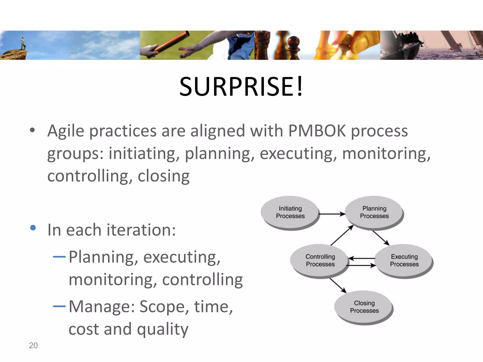 SURPRISE!
• Agile practices are aligned with PMBOK process
  groups: initiating, planning, executing, monitoring,
  controlling, closing

• In each iteration:
   – Planning, executing,
       monitoring, controlling
     – Manage: Scope, time,
       cost and quality
20
 