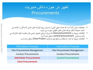 Fifth Edition Processes Sixth Edition Processes
Plan Procurement Management Plan Procurement Management
Conduct Procurements Conduct Procurements
Administer Procurements Control Procurements
Close Procurements
•
•close procurement
control procurement
•Close Project
‫دانش‬ ‫حوزه‬ ‫در‬ ‫تغيير‬‫مديريت‬
Procurements
MohammadImanAbdollahiPMP®
 