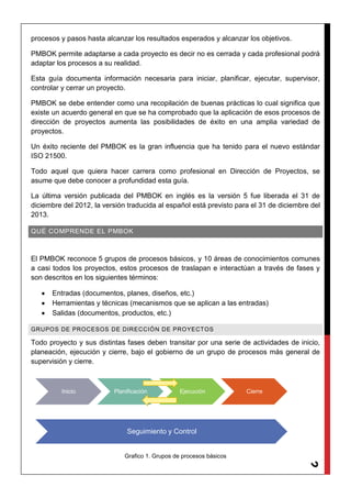 2
procesos y pasos hasta alcanzar los resultados esperados y alcanzar los objetivos.
PMBOK permite adaptarse a cada proyecto es decir no es cerrada y cada profesional podrá
adaptar los procesos a su realidad.
Esta guía documenta información necesaria para iniciar, planificar, ejecutar, supervisor,
controlar y cerrar un proyecto.
PMBOK se debe entender como una recopilación de buenas prácticas lo cual significa que
existe un acuerdo general en que se ha comprobado que la aplicación de esos procesos de
dirección de proyectos aumenta las posibilidades de éxito en una amplia variedad de
proyectos.
Un éxito reciente del PMBOK es la gran influencia que ha tenido para el nuevo estándar
ISO 21500.
Todo aquel que quiera hacer carrera como profesional en Dirección de Proyectos, se
asume que debe conocer a profundidad esta guía.
La última versión publicada del PMBOK en inglés es la versión 5 fue liberada el 31 de
diciembre del 2012, la versión traducida al español está previsto para el 31 de diciembre del
2013.
QUÉ COMPRENDE EL PMBOK
El PMBOK reconoce 5 grupos de procesos básicos, y 10 áreas de conocimientos comunes
a casi todos los proyectos, estos procesos de traslapan e interactúan a través de fases y
son descritos en los siguientes términos:
Entradas (documentos, planes, diseños, etc.)
Herramientas y técnicas (mecanismos que se aplican a las entradas)
Salidas (documentos, productos, etc.)
GRUPOS DE PROCESOS DE DIRECCIÓN DE PROYECTOS
Todo proyecto y sus distintas fases deben transitar por una serie de actividades de inicio,
planeación, ejecución y cierre, bajo el gobierno de un grupo de procesos más general de
supervisión y cierre.
Grafico 1. Grupos de procesos básicos
Inicio Planificación Ejecución Cierre
Seguimiento y Control
 