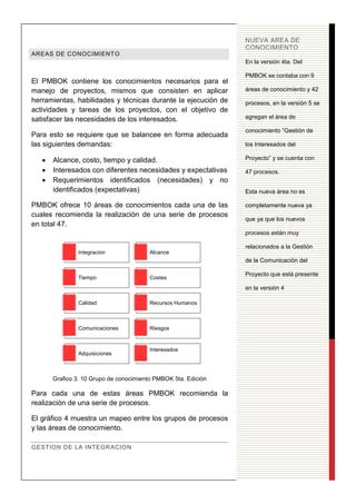 4
AREAS DE CONOCIMIENTO
El PMBOK contiene los conocimientos necesarios para el
manejo de proyectos, mismos que consisten en aplicar
herramientas, habilidades y técnicas durante la ejecución de
actividades y tareas de los proyectos, con el objetivo de
satisfacer las necesidades de los interesados.
Para esto se requiere que se balancee en forma adecuada
las siguientes demandas:
Alcance, costo, tiempo y calidad.
Interesados con diferentes necesidades y expectativas
Requerimientos identificados (necesidades) y no
identificados (expectativas)
PMBOK ofrece 10 áreas de conocimientos cada una de las
cuales recomienda la realización de una serie de procesos
en total 47.
Grafico 3. 10 Grupo de conocimiento PMBOK 5ta. Edición
Para cada una de estas áreas PMBOK recomienda la
realización de una serie de procesos.
El gráfico 4 muestra un mapeo entre los grupos de procesos
y las áreas de conocimiento.
GESTION DE LA INTEGRACION
Integracion Alcance
Tiempo Costes
Calidad Recursos Humanos
Comunicaciones Riesgos
Adquisiciones
Interesados
NUEVA AREA DE
CONOCIMIENTO
En la versión 4ta. Del
PMBOK se contaba con 9
áreas de conocimiento y 42
procesos, en la versión 5 se
agregan el área de
conocimiento “Gestión de
los Interesados del
Proyecto” y se cuenta con
47 procesos.
Esta nueva área no es
completamente nueva ya
que ya que los nuevos
procesos están muy
relacionados a la Gestión
de la Comunicación del
Proyecto que está presente
en la versión 4
 