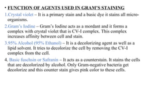 • FUNCTION OF AGENTS USED IN GRAM’S STAINING
1.Crystal violet – It is a primary stain and a basic dye it stains all micro-
organisms.
2.Gram’s Iodine – Gram’s Iodine acts as a mordant and it forms a
complex with crystal violet that is CV-I complex. This complex
increases affinity between cell and stain.
3.95% Alcohol (95% Ethanol) – It is a decolorizing agent as well as a
lipid solvent. It tries to decolorize the cell by removing the CV-I
complex from the cell.
4. Basic fuschsin or Safranin – It acts as a counterstain. It stains the cells
that are decolorized by alcohol. Only Gram-negative bacteria get
decolorize and this counter stain gives pink color to these cells.
 