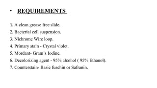 • REQUIREMENTS
1. A clean grease free slide.
2. Bacterial cell suspension.
3. Nichrome Wire loop.
4. Primary stain - Crystal violet.
5. Mordant- Gram’s Iodine.
6. Decolorizing agent - 95% alcohol ( 95% Ethanol).
7. Counterstain- Basic fuschin or Safranin.
 