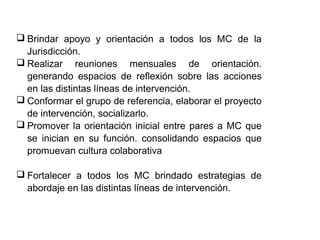 ❑ Brindar apoyo y orientación a todos los MC de la
Jurisdicción.
❑ Realizar reuniones mensuales de orientación.
generando espacios de reflexión sobre las acciones
en las distintas líneas de intervención.
❑ Conformar el grupo de referencia, elaborar el proyecto
de intervención, socializarlo.
❑ Promover la orientación inicial entre pares a MC que
se inician en su función. consolidando espacios que
promuevan cultura colaborativa
❑ Fortalecer a todos los MC brindado estrategias de
abordaje en las distintas líneas de intervención.
 