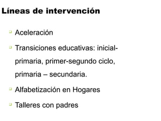 Líneas de intervención
❑
Aceleración
❑
Transiciones educativas: inicial-
primaria, primer-segundo ciclo,
primaria – secundaria.
❑
Alfabetización en Hogares
❑
Talleres con padres
 