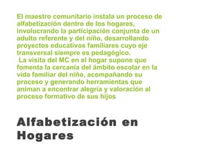 El maestro comunitario instala un proceso de
alfabetización dentro de los hogares,
involucrando la participación conjunta de un
adulto referente y del niño, desarrollando
proyectos educativos familiares cuyo eje
transversal siempre es pedagógico.
La visita del MC en el hogar supone que
fomenta la cercanía del ámbito escolar en la
vida familiar del niño, acompañando su
proceso y generando herramientas que
animan a encontrar alegría y valoración al
proceso formativo de sus hijos
Alfabetización en
Hogares
 