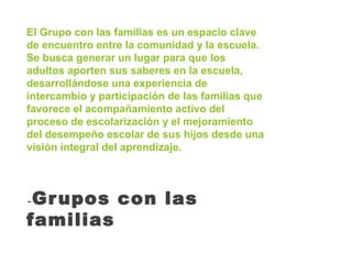 El Grupo con las familias es un espacio clave
de encuentro entre la comunidad y la escuela.
Se busca generar un lugar para que los
adultos aporten sus saberes en la escuela,
desarrollándose una experiencia de
intercambio y participación de las familias que
favorece el acompañamiento activo del
proceso de escolarización y el mejoramiento
del desempeño escolar de sus hijos desde una
visión integral del aprendizaje.
-Grupos con las
familias
 