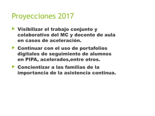 Proyecciones 2017
▶ Visibilizar el trabajo conjunto y
colaborativo del MC y docente de aula
en casos de aceleración.
▶ Continuar con el uso de portafolios
digitales de seguimiento de alumnos
en PIPA, acelerados,entre otros.
▶ Concientizar a las familias de la
importancia de la asistencia continua.
 