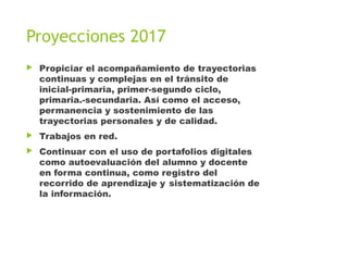 Proyecciones 2017
▶ Propiciar el acompañamiento de trayectorias
continuas y complejas en el tránsito de
inicial-primaria, primer-segundo ciclo,
primaria.-secundaria. Así como el acceso,
permanencia y sostenimiento de las
trayectorias personales y de calidad.
▶ Trabajos en red.
▶ Continuar con el uso de portafolios digitales
como autoevaluación del alumno y docente
en forma continua, como registro del
recorrido de aprendizaje y sistematización de
la información. 
 