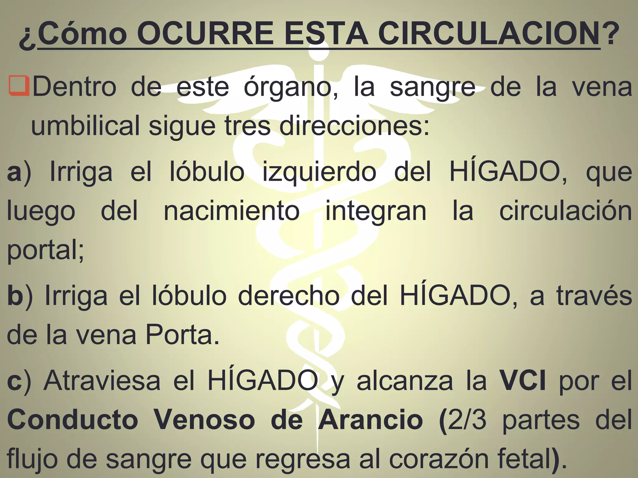 ¿Cómo OCURRE ESTA CIRCULACION?
Dentro de este órgano, la sangre de la vena
umbilical sigue tres direcciones:
a) Irriga el lóbulo izquierdo del HÍGADO, que
luego del nacimiento integran la circulación
portal;
b) Irriga el lóbulo derecho del HÍGADO, a través
de la vena Porta.
c) Atraviesa el HÍGADO y alcanza la VCI por el
Conducto Venoso de Arancio (2/3 partes del
flujo de sangre que regresa al corazón fetal).
 