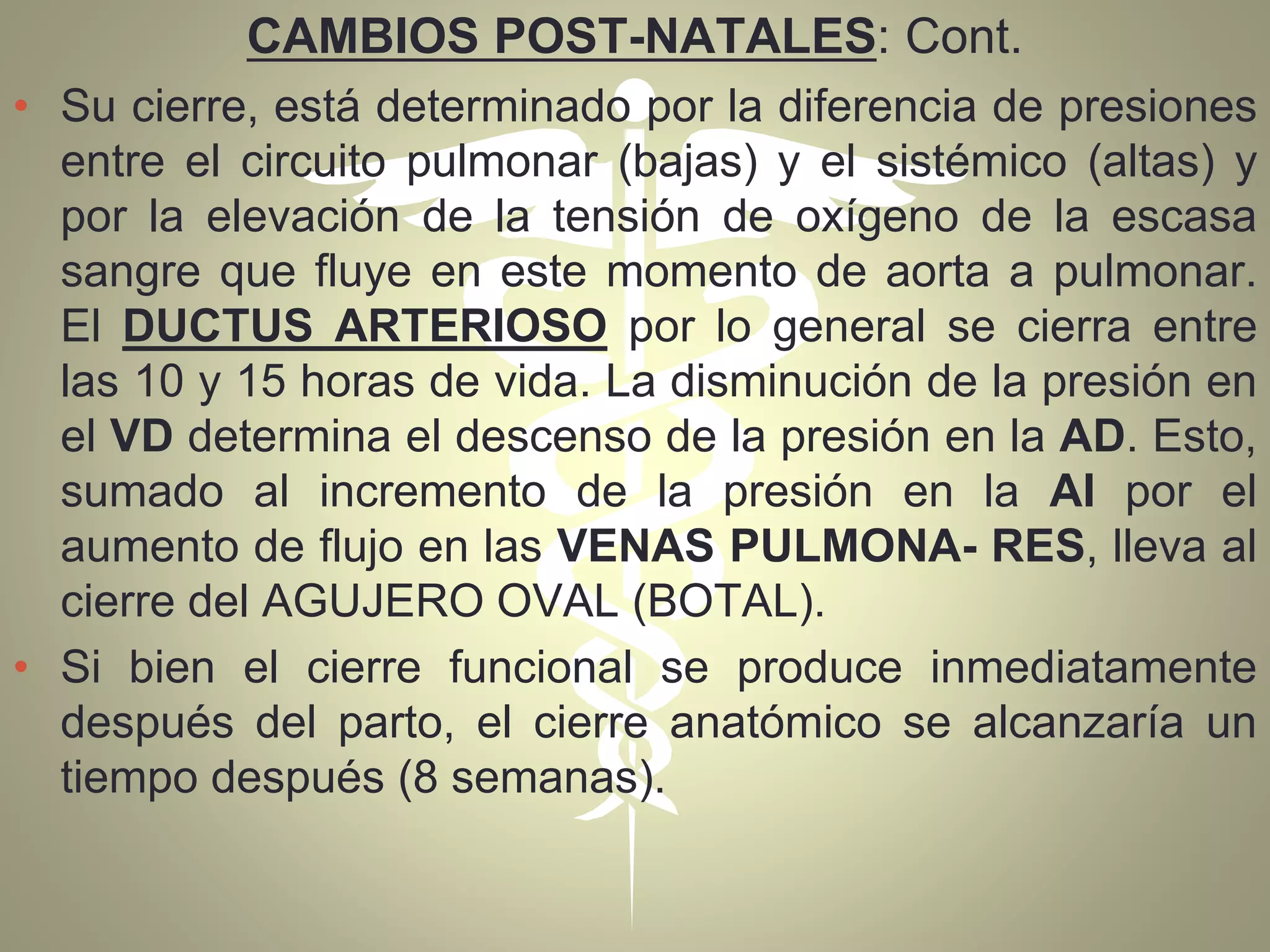 CAMBIOS POST-NATALES: Cont.
• Su cierre, está determinado por la diferencia de presiones
entre el circuito pulmonar (bajas) y el sistémico (altas) y
por la elevación de la tensión de oxígeno de la escasa
sangre que fluye en este momento de aorta a pulmonar.
El DUCTUS ARTERIOSO por lo general se cierra entre
las 10 y 15 horas de vida. La disminución de la presión en
el VD determina el descenso de la presión en la AD. Esto,
sumado al incremento de la presión en la AI por el
aumento de flujo en las VENAS PULMONA- RES, lleva al
cierre del AGUJERO OVAL (BOTAL).
• Si bien el cierre funcional se produce inmediatamente
después del parto, el cierre anatómico se alcanzaría un
tiempo después (8 semanas).
 
