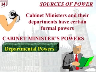 14141414 SOURCES OF POWER
Departmental Powers
CABINET MINISTER’S POWERS
Cabinet Ministers and their
departments have certain
formal powers
 