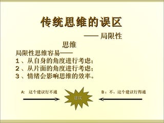 —— 局限性思维 传统思维的误区 局限性思维容易—— 1 、从自身的角度进行考虑； 2 、从片面的角度进行考虑； 3 、情绪会影响思维的效率。 B ：不，这个建议行得通 A:  这个建议行不通 建议 