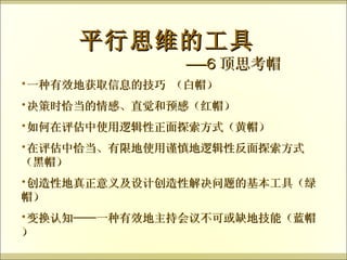 平行思维的工具 —— 6 顶思考帽 一种有效地获取信息的技巧 （白帽） 决策时恰当的情感、直觉和预感（红帽） 如何在评估中使用逻辑性正面探索方式（黄帽） 在评估中恰当、有限地使用谨慎地逻辑性反面探索方式（黑帽） 创造性地真正意义及设计创造性解决问题的基本工具（绿帽） 变换认知 —— 一种有效地主持会议不可或缺地技能（蓝帽） 