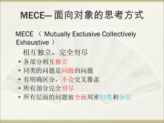 MECE— 面向对象的思考方式 MECE （ Mutually Exclusive Collectively Exhaustive ） 相互独立，完全穷尽 各部分相互 独立 同类的问题是 同级 的问题 有明确区分， 不会 交叉覆盖 所有部分完全 穷尽 所有层面的问题被 全面 周密 归类 和 分层 
