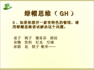 桌子  椅子  服务员  厨房 食物  饮料  灯光  空调  冰箱  花  筷子 帐单 ……   绿帽思维（ GH ） 3 、如果你想开一家有特色的餐馆，请用绿帽思维尝试解决这个问题。 