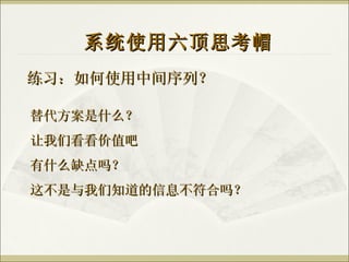 练习：如何使用中间序列？ 系统使用六顶思考帽 替代方案是什么？ 让我们看看价值吧 有什么缺点吗？ 这不是与我们知道的信息不符合吗？ 