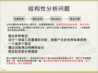 结构性分析问题 Page  收集信息 描述发现 得出结论 提出方案 分析问题的标准程序如上图所示，但需要强调的是： 收集资料必须有条理，有针对性！ 在收集资料前，对问题进行结构性分析；这种方法实际上重复科学的方法：（外展推理其实就是这种原理） 提出各种假设 设计一项或几项重要的试验，根据产生的各种结果排除一个或多个假设 通过试验得出明确的结论 相应的采取补救措施 那么问题的关键出现了，即如何进行假设？因为造成结果的原因太多了，我们不可能像爱迪生一样，把所有的原因都试验一遍； 因此研究问题所在领域的结构至关重要，这个过程就是：设计诊断框架 
