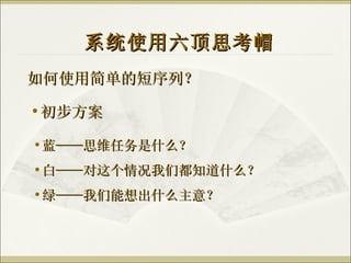 如何使用简单的短序列？ 系统使用六顶思考帽 初步方案 蓝——思维任务是什么？ 白——对这个情况我们都知道什么？ 绿——我们能想出什么主意？ 