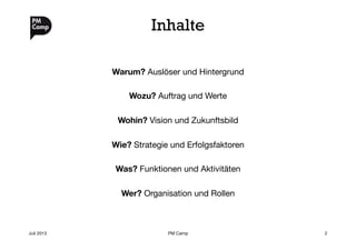 Inhalte
Warum? Auslöser und Hintergrund

Wozu? Auftrag und Werte

Wohin? Vision und Zukunftsbild

Wie? Strategie und Erfolgsfaktoren

Was? Funktionen und Aktivitäten

Wer? Organisation und Rollen
Juli 2013
 PM Camp
 2
 