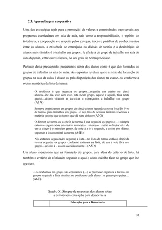 2.3. Aprendizagem cooperativa
Uma das estratégias úteis para a promoção de valores e competências transversais aos
programas curriculares em sala de aula, tais como a responsabilidade, o espírito de
tolerância, a cooperação e o respeito pelos colegas, trocas e partilhas de conhecimentos
entre os alunos, a existência de entreajuda na divisão de tarefas e a desinibição de
alunos mais tímidos é o trabalho em grupos. A eficácia de grupo de trabalho em sala de
aula depende, entre outros fatores, do seu grau de heterogeneidade.
Partindo deste pressuposto, procuramos saber dos alunos como é que são formados os
grupos de trabalho na sala de aulas. As respostas revelam que o critério de formação de
grupos na sala de aulas é ditado ou pela disposição dos alunos na classe, ou conforme a
ordem numérica da lista da turma:
O professor é que organiza os grupos…organiza em quatro ou cinco
alunos...ele diz, este com este, está neste grupo, aquele e aquele, fica neste
grupo…depois viramos as carteiras e começamos a trabalhar em grupo
(A1A)
Sempre organizamos em grupos de cinco alunos segundo a nossa lista do livro
de turma, para trabalhos em grupo…e nos fins de semana também revemos a
matéria custosa que achamos que dá para debater (A3G)
O diretor de turma ou o chefe de turma é que organiza os grupos (…) sempre
estamos organizados em ordem numérica…números…então o diretor diz: de
um à cinco é o primeiro grupo, de sete à x é o segundo, e assim por diante,
segundo a lista nominal da turma (A4B)
Nós estamos organizados segundo a lista…no livro de turma, então o chefe da
turma organiza os grupos conforme estamos na lista, de um a sete fica um
grupo…de oito à .. assim sucessivamente…(A5D)
Um aluno mencionou que na formação de grupos, para além do critério de lista, há
também o critério de afinidades segundo o qual o aluno escolhe ficar no grupo que lhe
apetecer.
…os trabalhos em grupo são constantes (…) o professor organiza a turma em
grupos segundo a lista nominal ou conforme cada aluno…o grupo que quiser…
(A6C)
Quadro X: Sinopse de respostas dos alunos sobre
a democracia educação para democracia
Educação para a Democracia
37
 