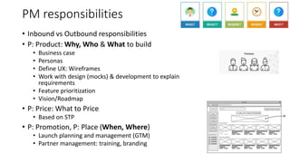 PM responsibilities
• Inbound vs Outbound responsibilities
• P: Product: Why, Who & What to build
• Business case
• Personas
• Define UX: Wireframes
• Work with design (mocks) & development to explain
requirements
• Feature prioritization
• Vision/Roadmap
• P: Price: What to Price
• Based on STP
• P: Promotion, P: Place (When, Where)
• Launch planning and management (GTM)
• Partner management: training, branding
 