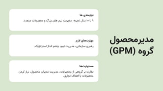 ‫ها‬ ‫نیازمندی‬
.‫متعدد‬ ‫محصوالت‬ ‫و‬ ‫بزرگ‬ ‫های‬ ‫تیم‬ ‫مدیریتĬ ،‫تجربه‬ ‫سال‬ ۱۰ ‫تا‬ ۹
‫الزم‬ ‫‌های‬
‫ت‬‫مهار‬
.‫استراتژیک‬ ‫انداز‬ ‫چشم‬ ،‫تیم‬ ‫مدیریتĬ ،‫سازمانی‬ ‫رهبری‬
‫‌ها‬
‫ت‬‫مسئولی‬
‫کردن‬ ‫تراز‬ ،‫محصول‬ ‫مدیران‬ ‫مدیریتĬ ،‫محصوالت‬ ‫از‬ ‫گروهی‬ ‫بر‬ ‫نظارت‬
.‫تجاری‬ ‫اهداف‬ ‫با‬ ‫محصوالت‬
‫مدیرمحصول‬
)GPM( ‫گروه‬
 