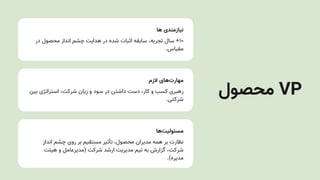 ‫ها‬ ‫نیازمندی‬
‫در‬ ‫محصول‬ ‫انداز‬ ‫چشم‬ ‫هدایت‬ ‫در‬ ‫شده‬ ‫اثبات‬ ‫سابقه‬ ،‫تجربه‬ ‫سال‬ +۱۰
.‫مقیاس‬
‫الزم‬ ‫‌های‬
‫ت‬‫مهار‬
‫بین‬ ‫استراتژی‬ ،‫شرکت‬ ‫زیان‬ ‫و‬ ‫سود‬ ‫در‬ ‫داشتن‬ ‫دست‬ ،‫کار‬ ‫و‬ ‫کسب‬ ‫رهبری‬
.‫شرکتی‬
‫‌ها‬
‫ت‬‫مسئولی‬
‫انداز‬ ‫چشم‬ ‫روی‬ ‫بر‬ ‫مستقیم‬ ‫تأثیر‬ ،‫محصول‬ ‫مدیران‬ ‫همه‬ ‫بر‬ ‫نظارت‬
‫هیئت‬ ‫و‬ ‫(مدیرعامل‬ ‫شرکت‬ ‫ارشد‬ ‫مدیریتĬ ‫تیم‬ ‫به‬ ‫گزارش‬ ،‫شرکت‬
.)‫مدیره‬
‫محصول‬ VP
 