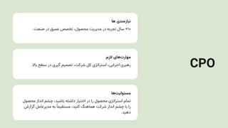 ‫ها‬ ‫نیازمندی‬
.‫صنعت‬ ‫در‬ ‫عمیق‬ ‫تخصص‬ ،‫محصول‬ ‫مدیریتĬ ‫در‬ ‫تجربه‬ ‫سال‬ +۱۰
‫الزم‬ ‫‌های‬
‫ت‬‫مهار‬
.‫باال‬ ‫سطح‬ ‫در‬ ‫گیری‬ ‫تصمیم‬ ،‫شرکت‬ ‫کل‬ ‫استراتژی‬ ،‫اجرایی‬ ‫رهبری‬
‫‌ها‬
‫ت‬‫مسئولی‬
‫محصول‬ ‫انداز‬ ‫چشم‬ ،‫باشید‬ ‫داشته‬ ‫اختیار‬ ‫در‬ ‫را‬ ‫محصول‬ ‫استراتژی‬ ‫تمام‬
‫گزارش‬ ‫مدیرعامل‬ ‫به‬ ‫ًا‬‫مستقیم‬ ،‫کنید‬ ‫هماهنگ‬ ‫شرکت‬ ‫انداز‬ ‫چشم‬ ‫با‬ ‫را‬
.‫دهید‬
CPO
 