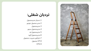 ‫مدیرمحصول‬ ‫دستیار‬.1
‫جونیور‬ ‫محصول‬ ‫مدیر‬.2
‫مدیرمحصول‬.3
‫سنیور‬ ‫مدیرمحصول‬.4
‫لید‬ ‫مدیرمحصول‬.5
‫گروه‬ ‫مدیرمحصول‬.6
‫محصول‬ ‫مدیریتĬ ‫دایرکتور‬.7
‫محصول‬ VP.8
CPO.9
:‫شغلی‬ ‫نردبان‬
 