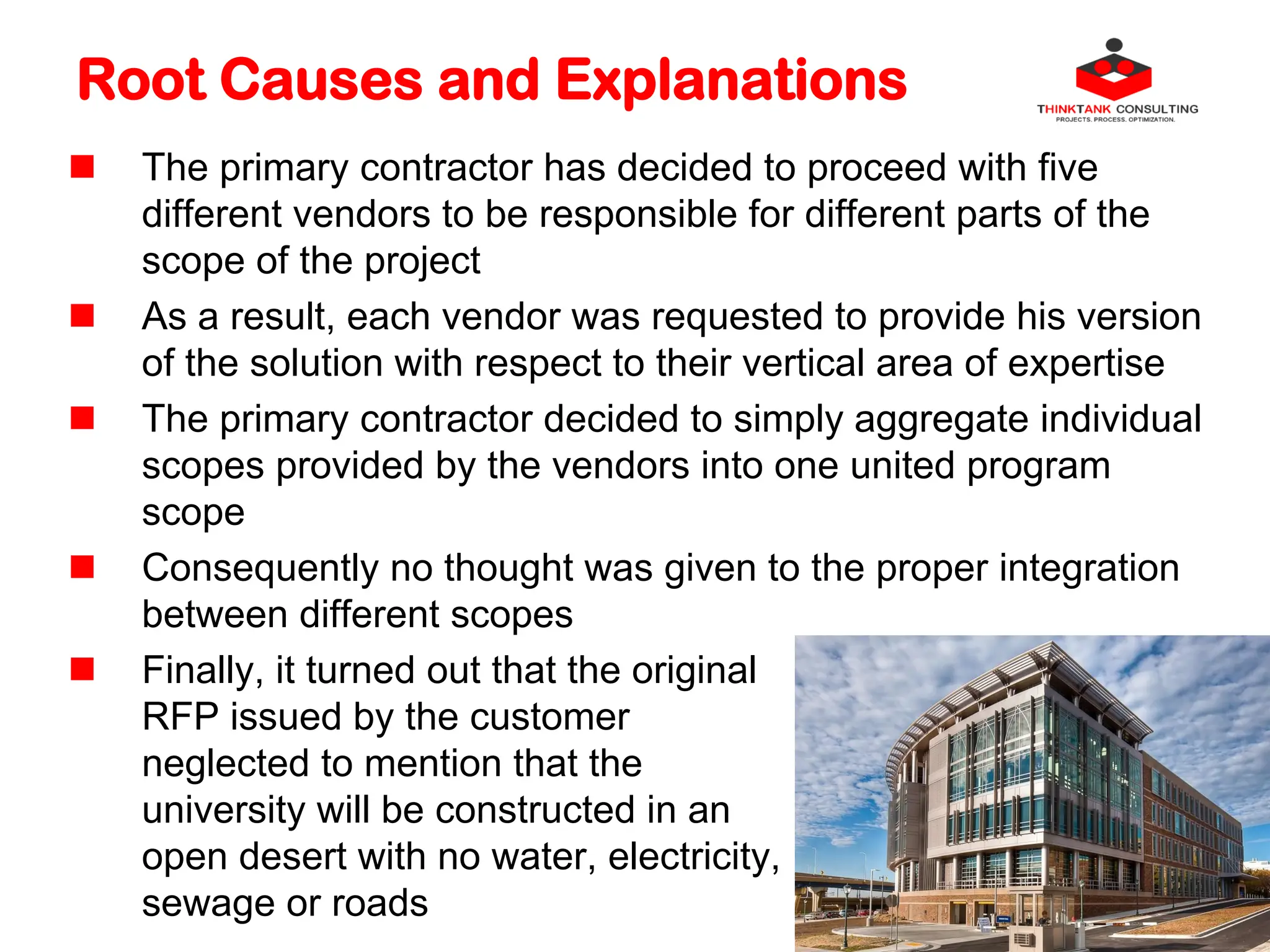 Root Causes and Explanations
 The primary contractor has decided to proceed with five
different vendors to be responsible for different parts of the
scope of the project
 As a result, each vendor was requested to provide his version
of the solution with respect to their vertical area of expertise
 The primary contractor decided to simply aggregate individual
scopes provided by the vendors into one united program
scope
 Consequently no thought was given to the proper integration
between different scopes
 Finally, it turned out that the original
RFP issued by the customer
neglected to mention that the
university will be constructed in an
open desert with no water, electricity,
sewage or roads
 