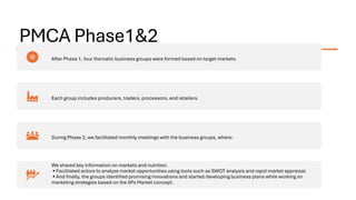PMCA Phase1&2
After Phase 1, four thematic business groups were formed based on target markets.
Each group includes producers, traders, processors, and retailers.
During Phase 2, we facilitated monthly meetings with the business groups, where:
We shared key information on markets and nutrition.
• Facilitated actors to analyze market opportunities using tools such as SWOT analysis and rapid market appraisal.
• And finally, the groups identified promising innovations and started developing business plans while working on
marketing strategies based on the 5Ps Market concept.
 