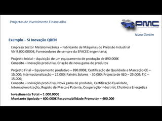 Nuno Contim Projectos de Investimento Financiados Exemplo – SI Inovação QREN Investimento Total – 1.000.000€  Montante Apoiado – 600.000€ Responsabilidade Promotor – 400.000  Empresa Sector Metalomecânica – Fabricante de Máquinas de Precisão Industrial  VN 9.000.0000€; Fornecedores de sempre da EFACEC engenharia;  Projecto Inicial – Aquisição de um equipamento de produção de 890.000€ Conceito – Inovação produtiva, Criação de nova gama de produtos Projecto Final – Equipamento produtivo – 890.000€; Certificação de Qualidade e Marcação CE – 15.000; Internacionalização – 25.000; Painéis Solares  - 30.000; Projecto de I&D – 25.000; TIC – 15.000; Conceito – Inovação produtiva, Nova gama de produtos, Certificação Qualidade, Internacionalização, Registo de Marca e Patente, Cooperação Industrial, Eficiência Energética  